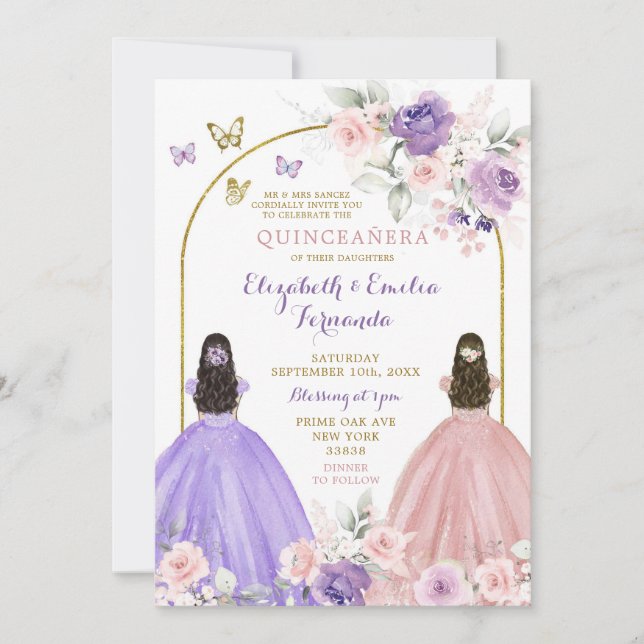 Twin Lilac and Blush Pink Quinceañera Princesses Invitation (Front)