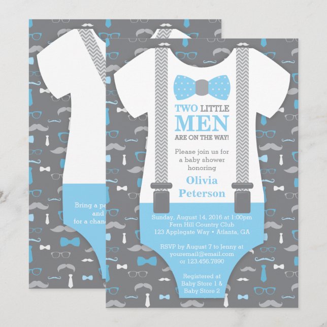 Twin Little Men Baby Shower Invitation, Baby Blue Invitation (Front/Back)