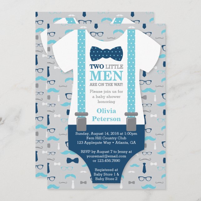 Twin Little Men Baby Shower Invitation, Blue, Grey Invitation (Front/Back)