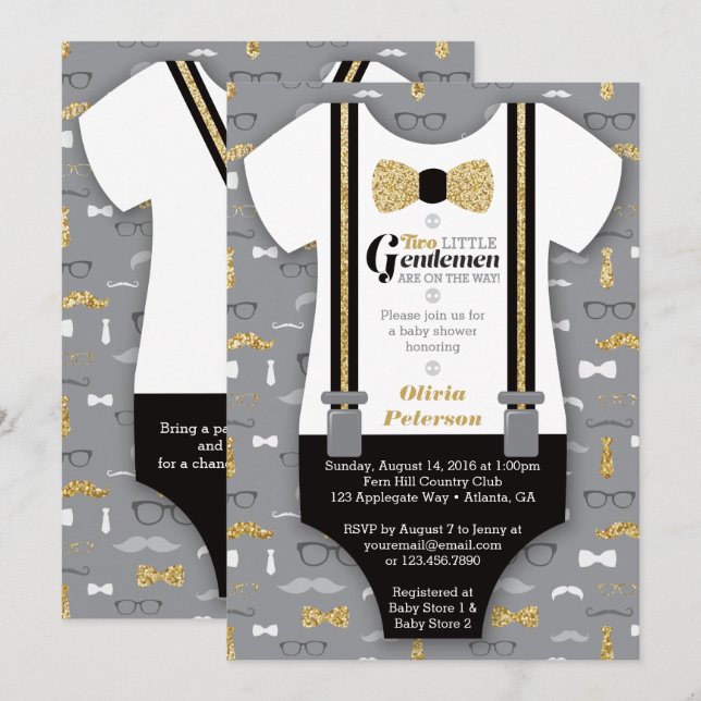 Twin Little Men Baby Shower Invite, Faux Glitter Invitation (Front/Back)