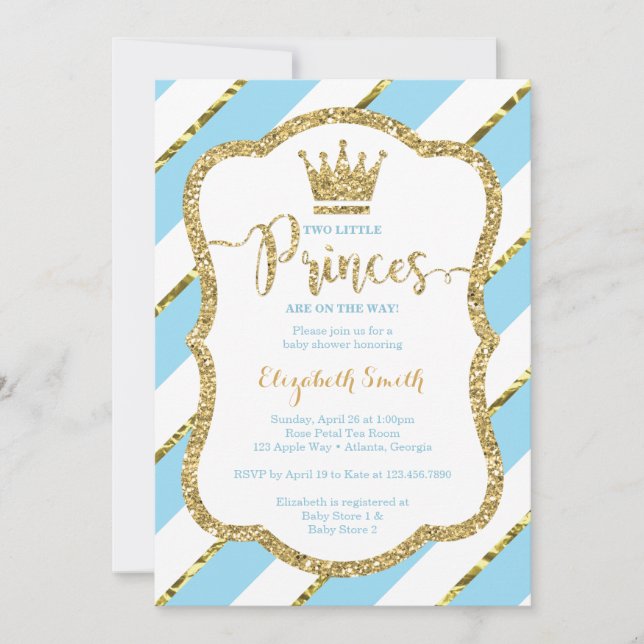 Twin Little Princes Shower Invite, Faux Glitter Invitation (Front)