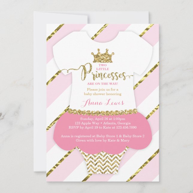 Twin Little Princesses Shower Invite, Faux Glitter Invitation (Front)