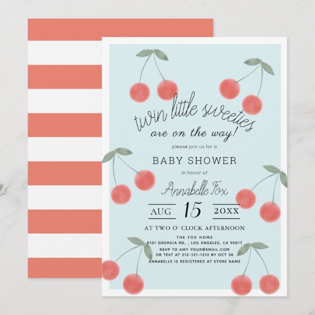 Twin Little Sweeties Cherries Blue Baby Shower Invitation (Front/Back)