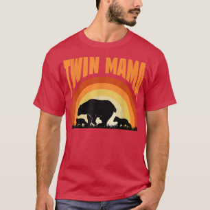 Twin Mama Funny Bear With Two Cubs Retro Sunset Mo T-Shirt