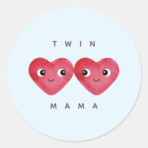 Twin Mama with Blue Watercolour Baby Hearts Classic Round Sticker