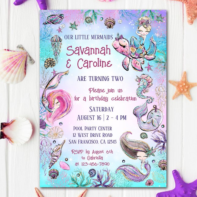 Twin Mermaid Girls Birthday Under the Sea Party Invitation (Creator Uploaded)
