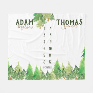Twin Milestone woodland baby growth tracker no-bg Fleece Blanket