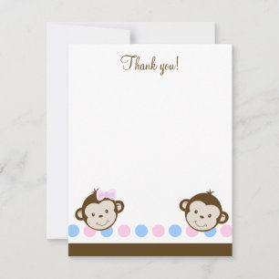 Twin Mod Monkeys boy/girl 4x5 Flat Thank you note Note Card