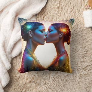 Twin Models Kissing With Colourful Sparkles Cushion