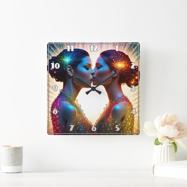 Twin Models Kissing With Colourful Sparkles Square Wall Clock (Home)