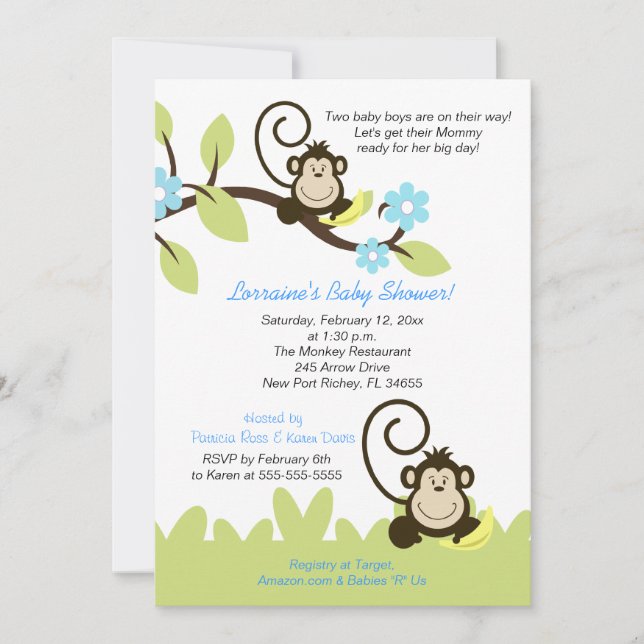 Twin Monkey Baby Shower Invitation (Size 5x7) (Front)