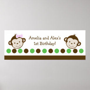 Twin Monkey Boy and Girl Birthday Banner Poster
