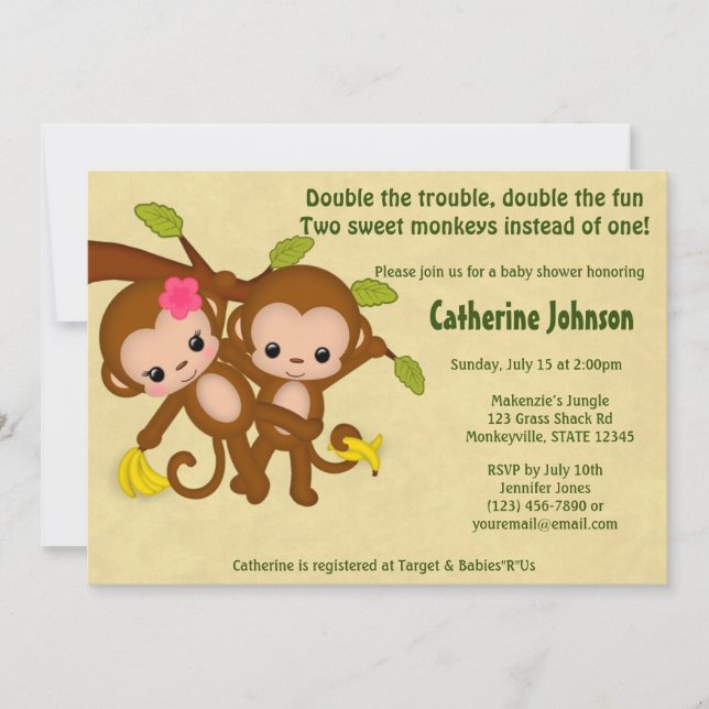 TWIN Monkeys Baby Shower Invitations BOY GIRL (Front)