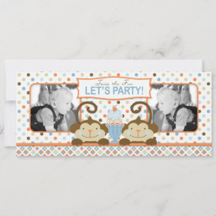 Twin Monkeys & Ice Cream Sundae Birthday Invitation