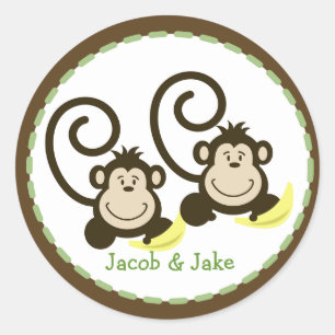 Twin Monkeys Round Favour Sticker