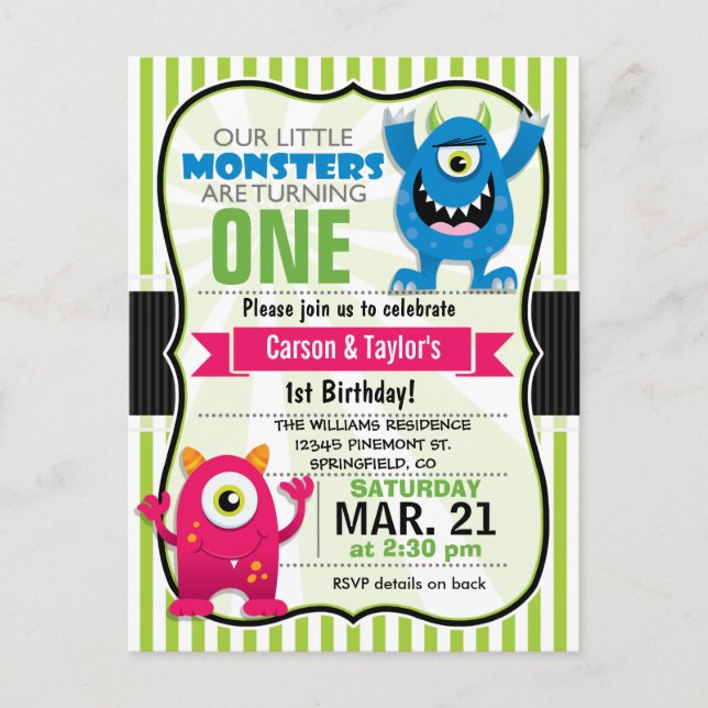 Twin Monsters Birthday Party Postcard Invitation (Front)