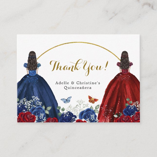 Twin Navy Blue Red Rose Princesses Quinceañera Enclosure Card (Front)