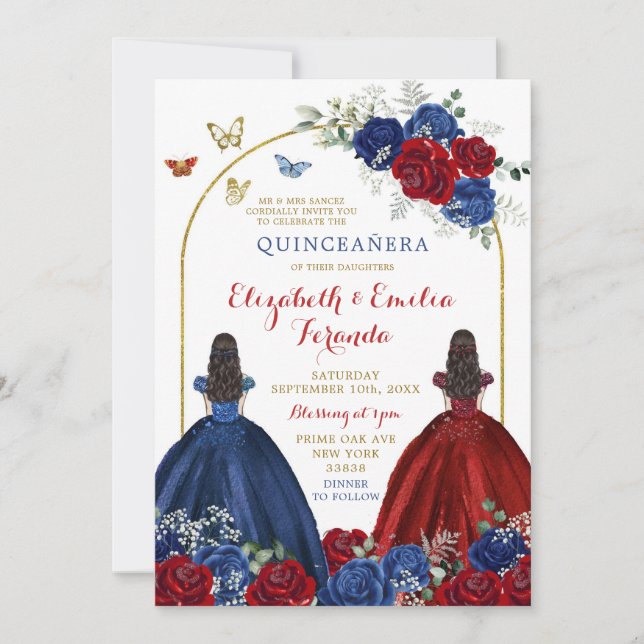 Twin Navy Blue Red Rose Princesses Quinceañera Invitation (Front)