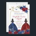 Twin Navy Blue Red Rose Princesses Quinceañera Invitation<br><div class="desc">Twin Navy Blue Red Rose Princesses Quinceañera Invitation</div>