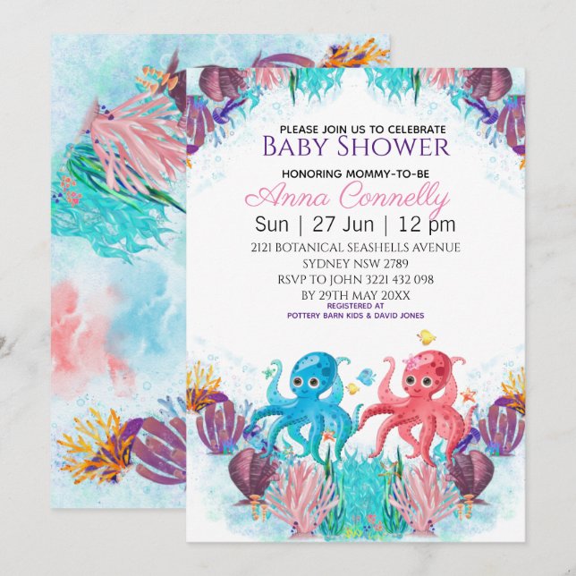 Twin Ocean Sea Colourful Boy Octopus Baby Shower Invitation (Front/Back)