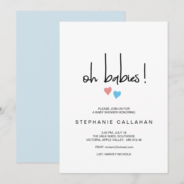 Twin Oh Babies Baby Shower Blue & Pink Hearts Invitation (Front/Back)