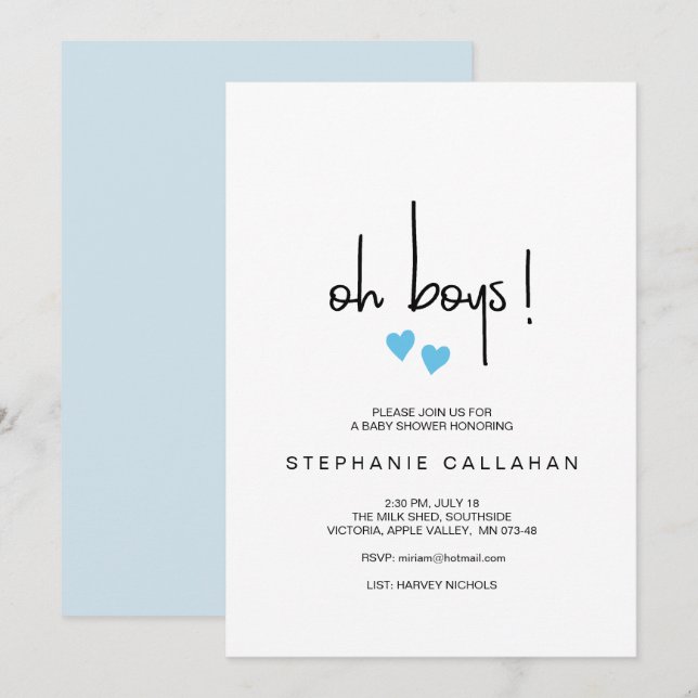 Twin Oh Boys Baby Shower With Two Blue Hearts Invitation (Front/Back)