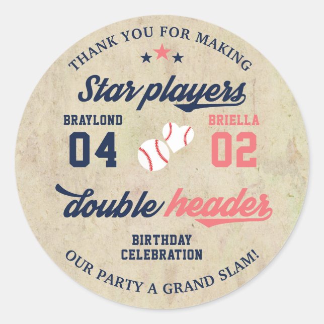 Twin or Sibling Baseball Double Header Birthday  Classic Round Sticker (Front)