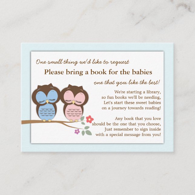 Twin Owl Baby Shower Book Insert Request Card (Front)