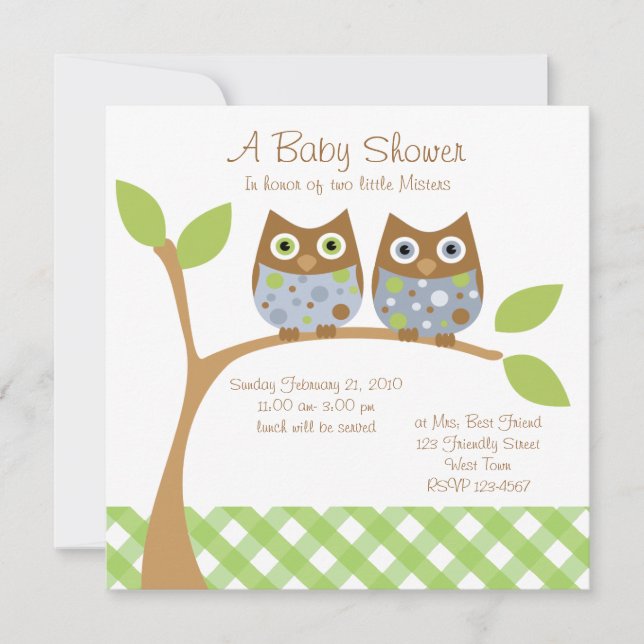 Twin Owl Baby Shower Invitation (Front)