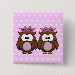 twin owl princesses 15 cm square badge