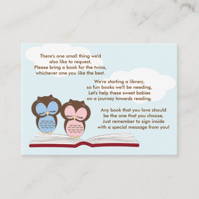 Twin Owls Baby Shower Book Insert Request Card (Front)
