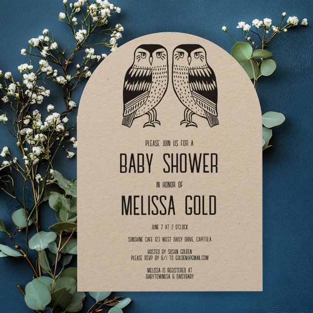 Twin Owls Cute BABY SHOWER CUSTOM Arched Kraft Invitation (Twin Owls Cute BABY SHOWER CUSTOM Arched Kraft Invitation
)