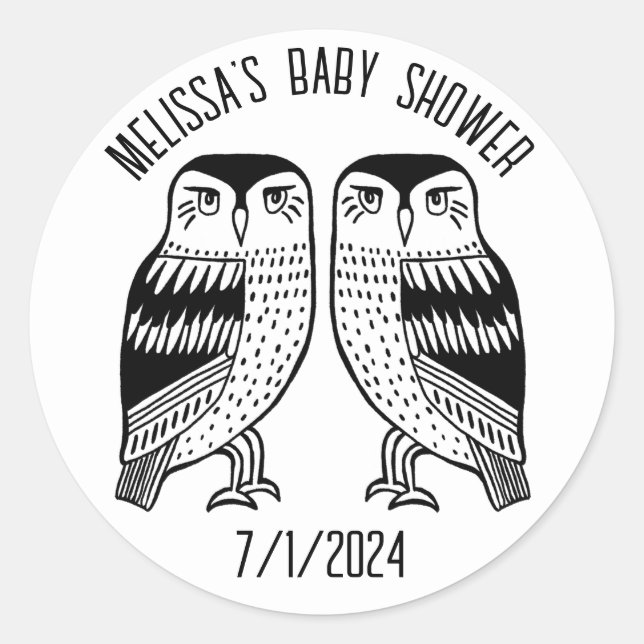 Twin Owls Cute Simple Chic CUSTOM BABY SHOWER Classic Round Sticker (Front)