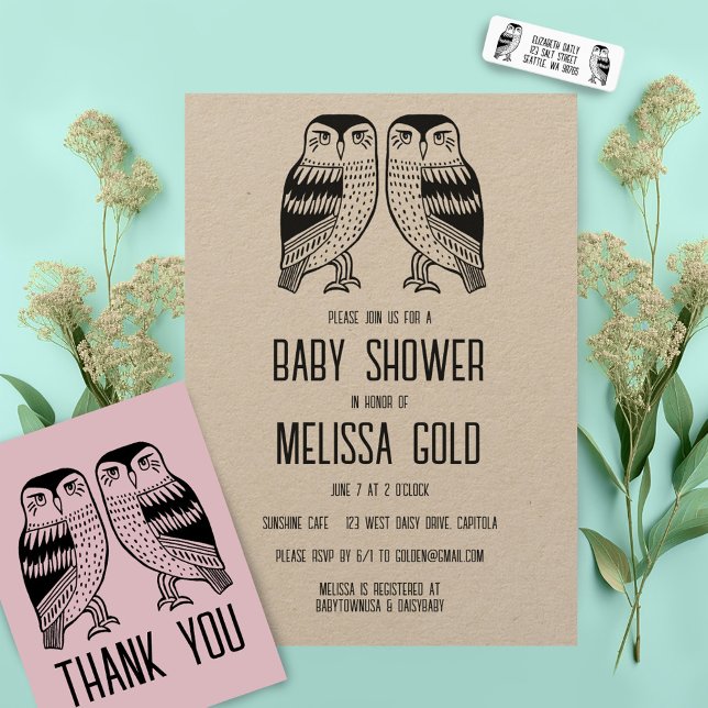 Twin Owls Cute Simple Chic CUSTOM Thank You Card (Twin owls thank you card plus matching baby shower invitations and more )