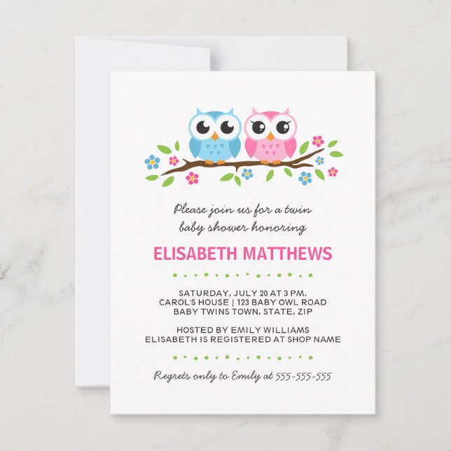 Twin owls on floral branch boy girl baby shower invitation (Front)