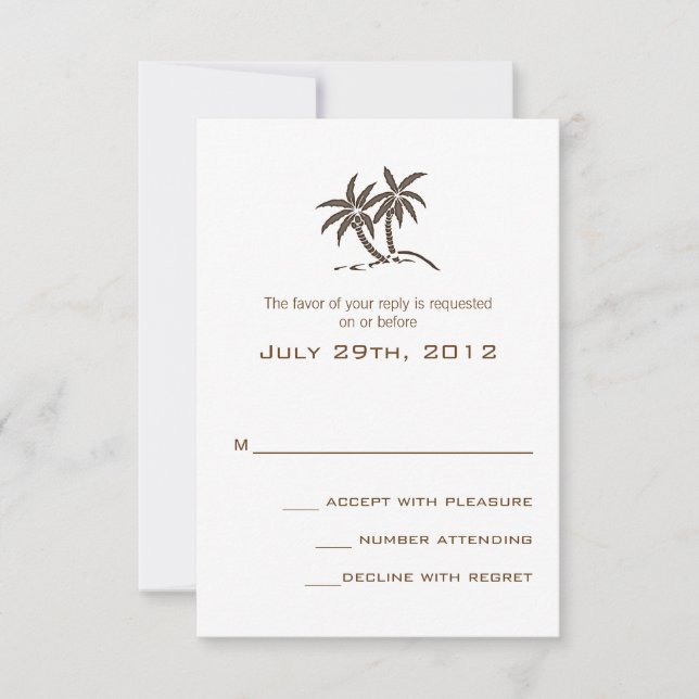 Twin Palm Trees Brown Tropical Beach Wedding RSVP Card (Front)