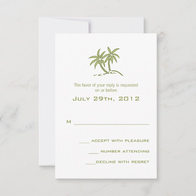 Twin Palm Trees Green Tropical Beach Wedding RSVP Card (Front)