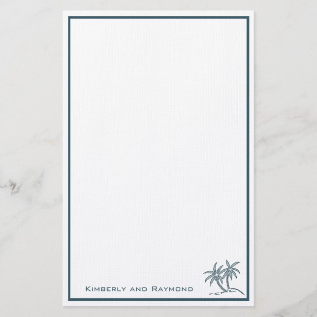 Twin Palm Trees Tropical Blue Personalised Stationery (Front)