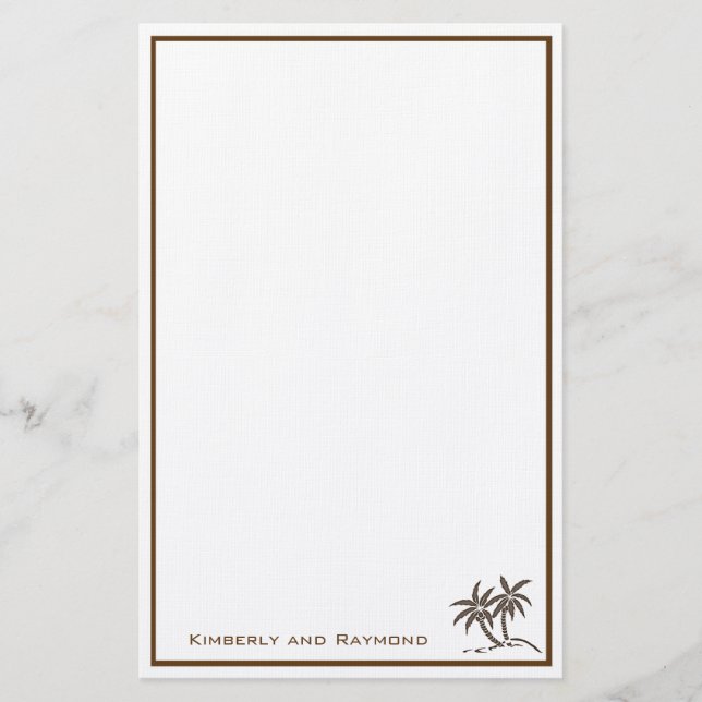 Twin Palm Trees Tropical Brown Personalised Stationery (Front)
