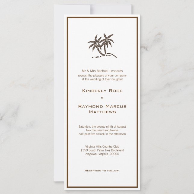 Twin Palm Trees Tropical Brown Wedding Invitation (Front)