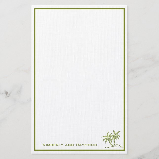 Twin Palm Trees Tropical Green Personalised Stationery (Front)