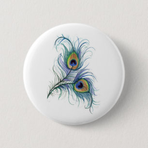 Twin Peacock Feather Pencil Drawing Button