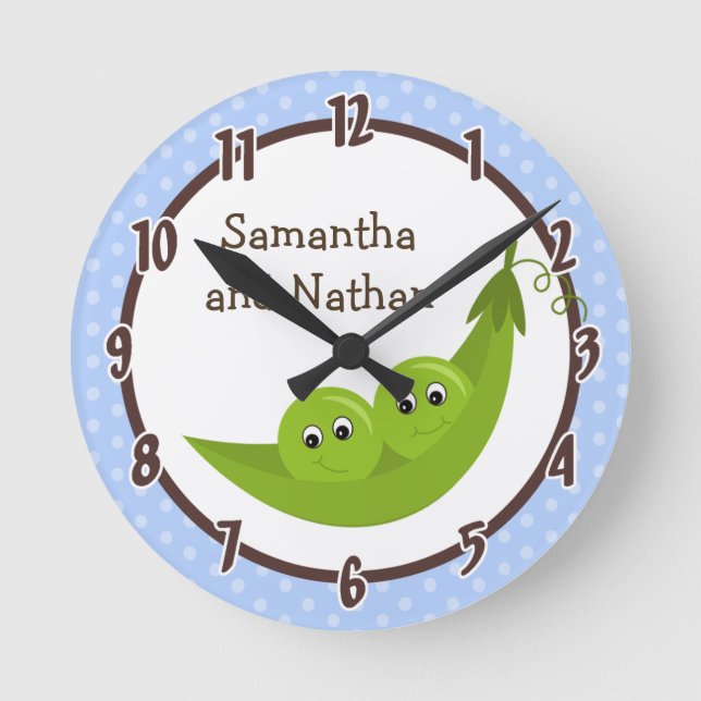 Twin Peas in a Pod Blue Polka Personalised Clock (Front)