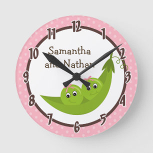 Twin Peas in a Pod Pink Polka Personalised Clock