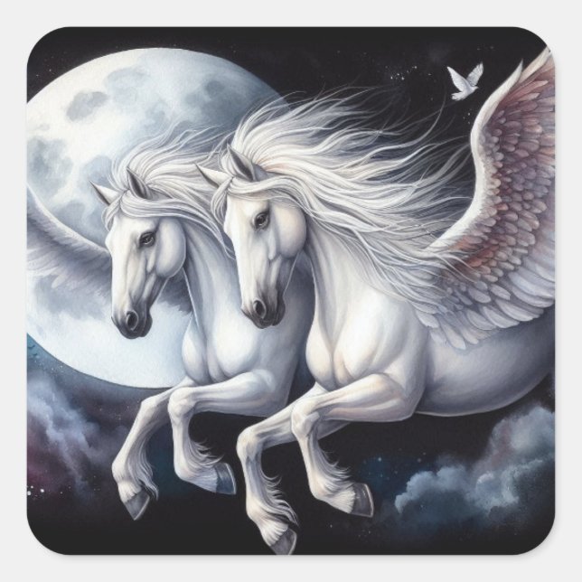 Twin Pegasus Flying in Front of the Moon Square Sticker (Front)