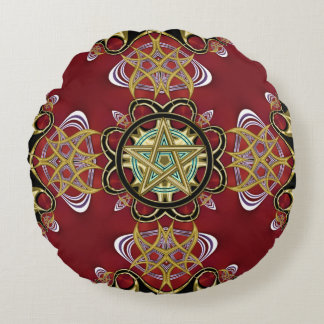 Twin Pentacle Symbol Endless Passion Red Gold Round Cushion