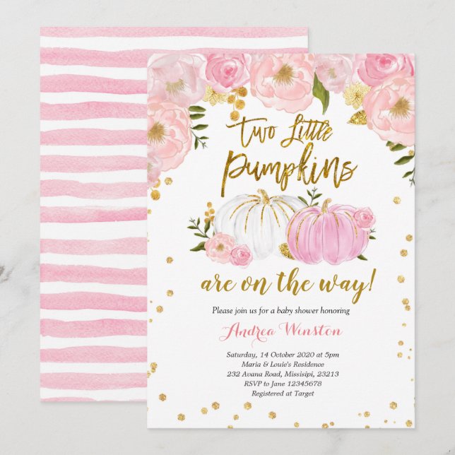 Twin Pink and Gold Pumpkin Baby Shower Invitation (Front/Back)