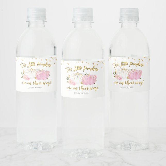Twin Pink and Gold Pumpkin Baby Shower Water Bottle Label (Bottles)