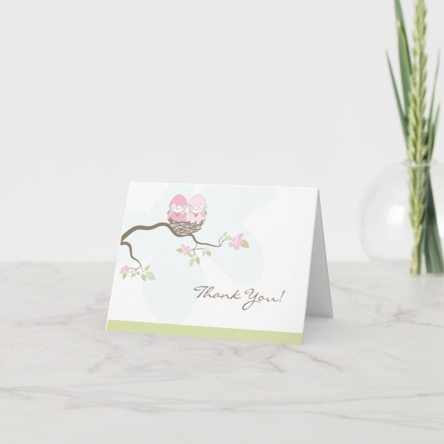 Twin Pink Baby Birds Thank You Card (Front)