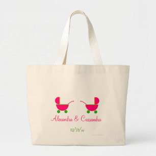 "Twin Pink Baby Carriages" - w/ Names [a] Large Tote Bag